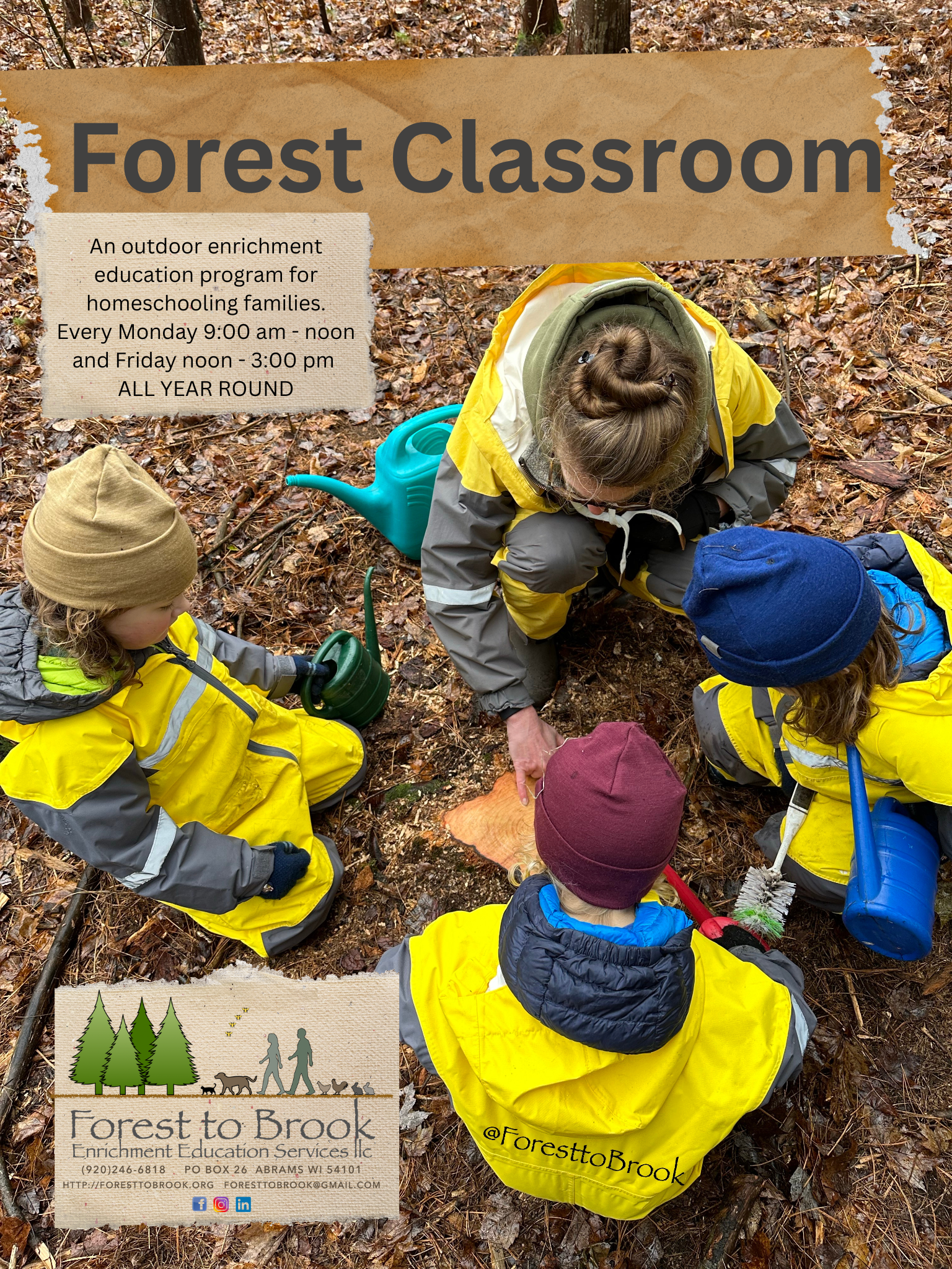 This image shows three students crouched around a tree stump.  A teacher is pointing to the rings on the stump.  Everyone is wearing the same yellow rainsuits.