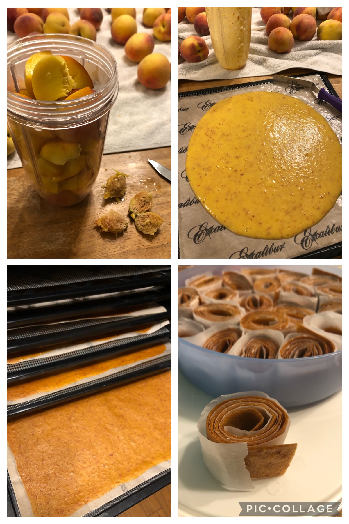 Image shows a pic collage of the steps to making dehydrated peach fruit roll ups.
